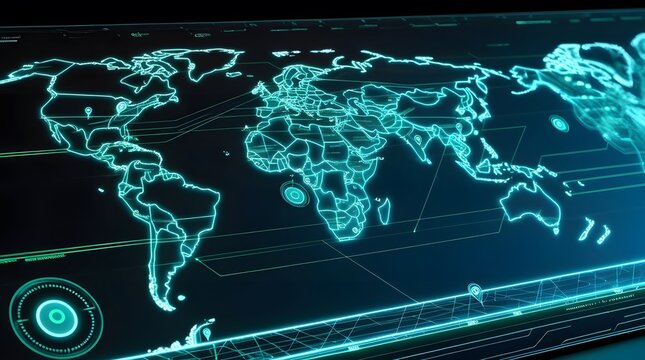 Modern Global Map with Digital Data Streams and Key Locations