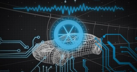 Wireframe car model being visualized on dark grid with circular blue HUD gauge, circuit traces - Powered by Adobe