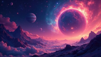 Mysterious nebula swirls, vibrant alien landscape Distant planets visible , awe, constellations, celestial