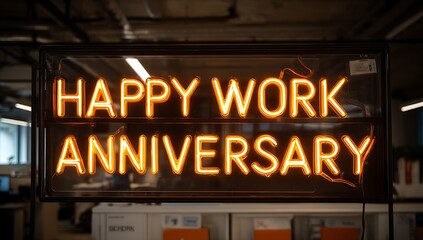 Illuminated happy work anniversary sign in a modern office setting with blurred background