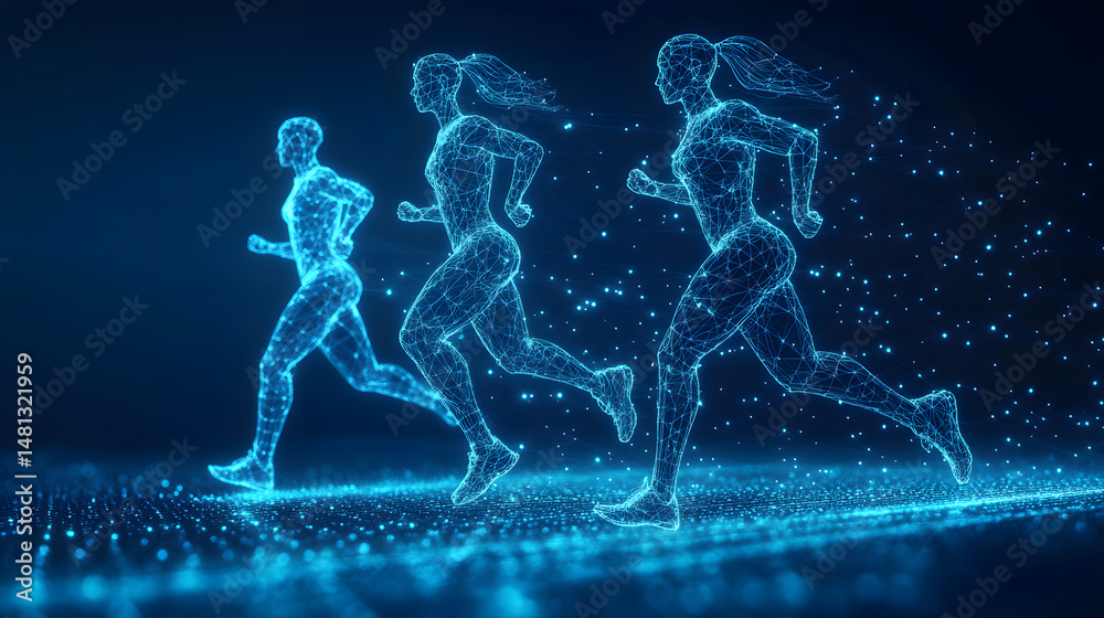 Fototapete Dynamic wireframe figures in motion, sprinting on a dotted surface. Conveying speed and innovation, perfect for tech or sports themes. Abstract wireframe in dark blue.