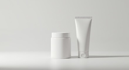 Minimalist white cosmetic product mockup featuring jar and tube for promotion