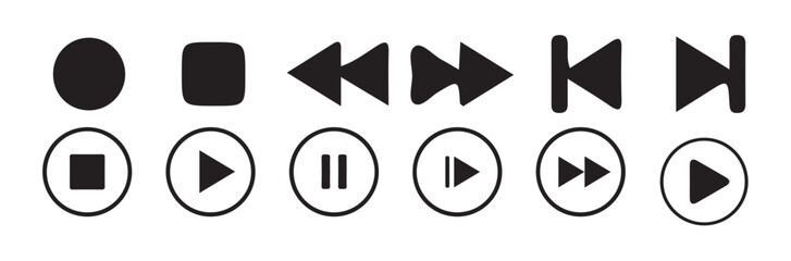 Media player icon set. Video and audio collection. Multimedia symbol.Play, stop, pause and rewind elements on white background. Video and audio buttons. Website icons. Vector illustration eps 10.