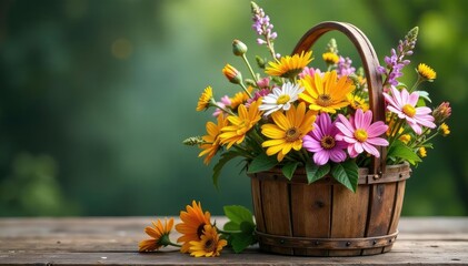 Rustic wooden basket brimming with wildflowers, white, basket