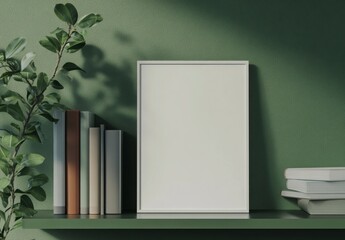 White Frame Mockup On Green Shelf With Books And Plant