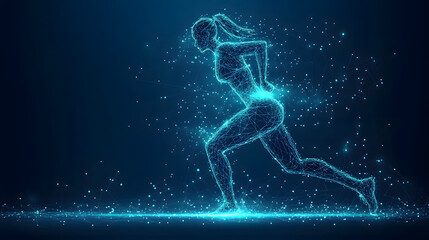 Naklejka premium Dynamic digital art: a woman running, represented by a glowing blue wireframe against a dark backdrop. Perfect for tech or fitness themes. Abstract wireframe in dark blue.