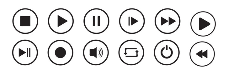 Media player icon set. Video and audio collection. Multimedia symbol.Play, stop, pause and rewind elements on white background. Video and audio buttons. Website icons. Vector illustration eps 10.