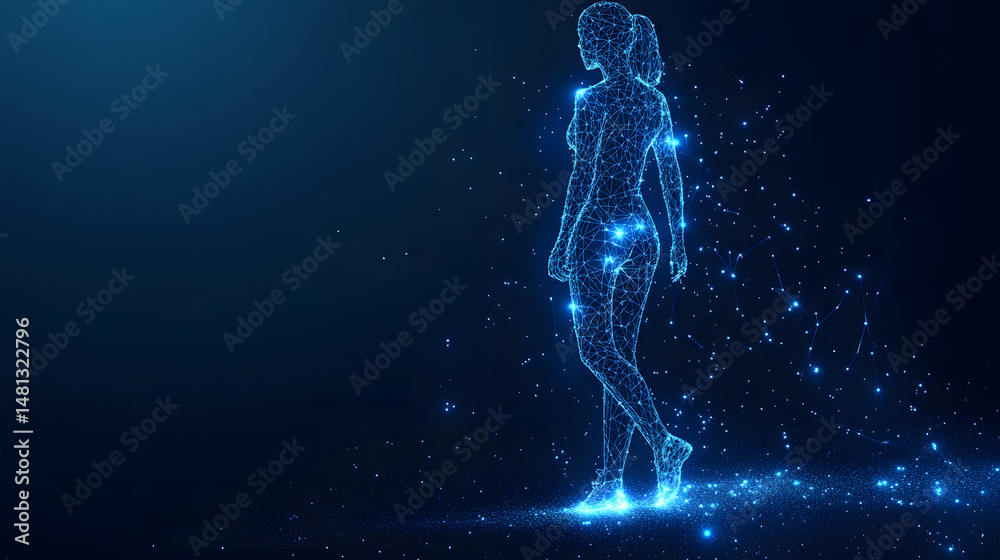 Poster futuristic woman walking, rendered in a blue digital wireframe. motion and energy conveyed through p