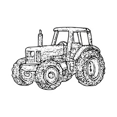 A black-and-white tractor sign illustration, symbolizing modern farming equipment, perfect for rural and agricultural designs with a vintage touch