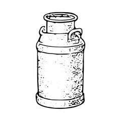 A vintage black-and-white milk jug illustration, symbolizing dairy farming and fresh produce, perfect for rural and farm-themed artwork with a rustic charm