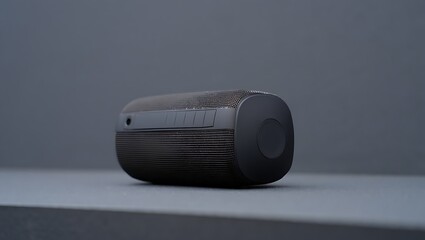Black portable Bluetooth speaker on minimalist gray background.