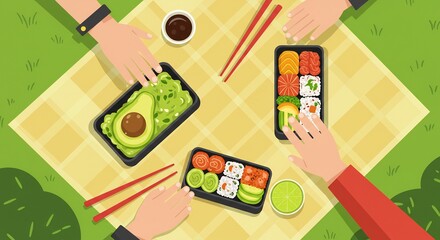 People Sharing Bento Boxes with Sushi and Avocado on a Picnic Blanket