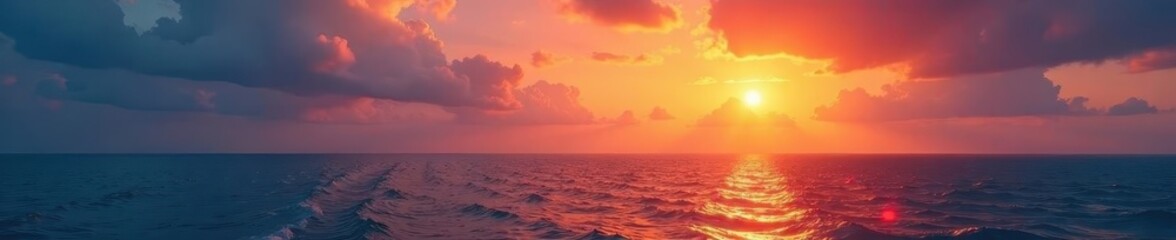 Golden hour light paints tranquil ocean, colorful sunrise sky, ray, waves