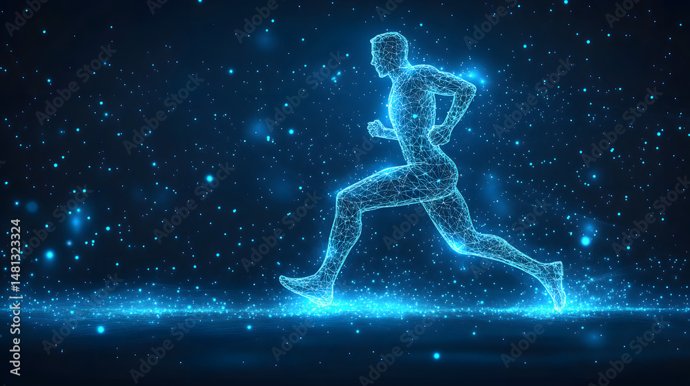 Aufkleber dynamic runner depicted as a glowing blue wireframe figure against a starlit backdrop. energetic and
