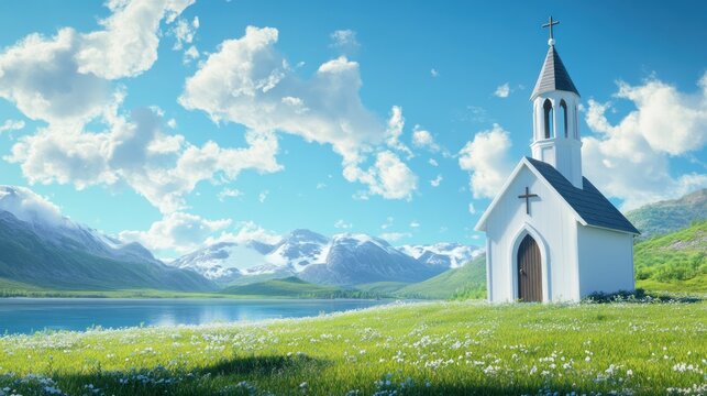 Serene mountain church nestled beside a placid lake.