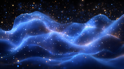 Obraz premium Ethereal digital landscape featuring blue wireframe hills dotted with glowing particles against a dark, bokeh background. Dreamlike and mesmerizing. Abstract wireframe in dark blue.