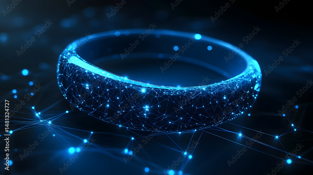 Poster futuristic ring of interconnected blue lines glows against a dark backdrop. digital network concept.