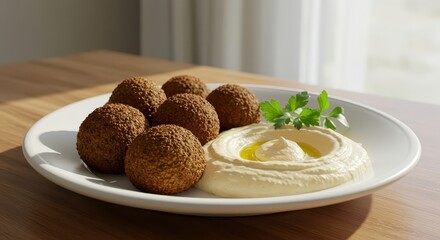 Crispy Falafel Balls with Creamy Hummus Served on a White Plate Garnished with Fresh Parsley and Olive Oil Drizzle, Appetizing Middle Eastern Cuisine