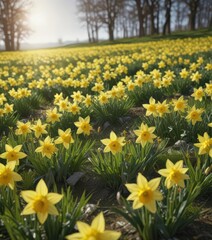 Fototapeta premium Lush green field bursting with sunny daffodils, close-up view, detail, flora, nature