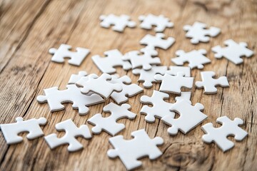 A scattered collection of white puzzle pieces on a rustic wooden surface. creating an engaging visual for themes of problem-solving or creativity in various projects