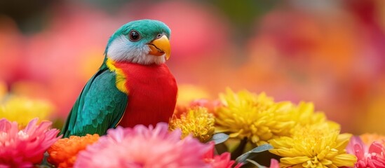 Obraz premium Colorful parrot amidst vibrant flowers, nature scene, possible use for nature or animal theme, background image, postcard, or greeting card