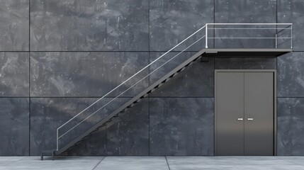 Obraz premium Exterior metal staircase and door on a modern gray stone wall. A metal stairwell leading to an exterior balcony, a dark gray metal door