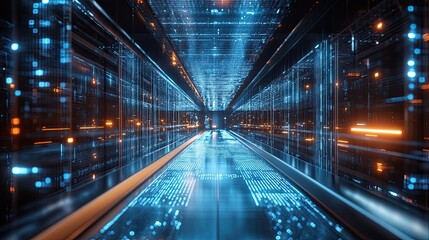 A futuristic tunnel illuminated with blue and orange lights creating a digital abstract pathway