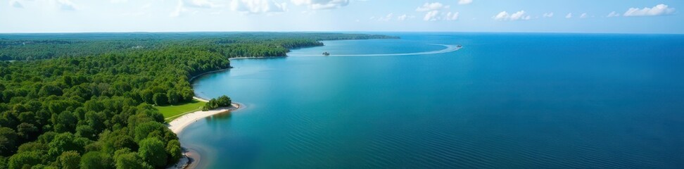Aerial view of Lake Huron, showing shoreline & islands , summer, waterscape