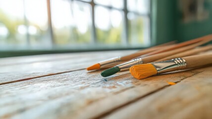 Close-up of Paintbrushes on Wooden Table in Art Studio