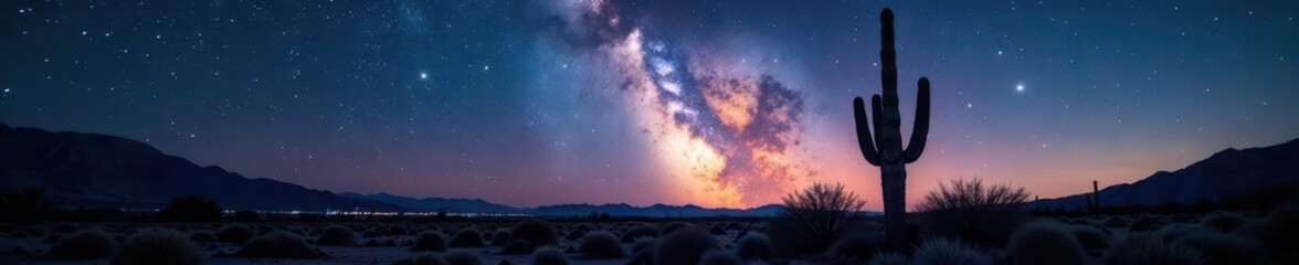 Naklejka premium Arizona desert night sky, majestic Milky Way reflected in Saguaro cactus silhouette , mountain, dark