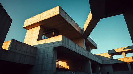 A futuristic brutalist art institute built in the 1980s, featuring massive cantilevered concrete blocks and angular overhangs. generative ai