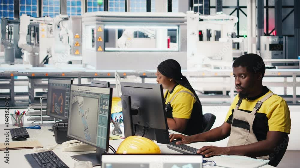 Poster black employee manages solar panel configuration via desktop tools, optimizing factory output and tr