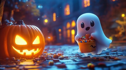 Cute ghost and jack-o'-lantern on a cobblestone street for Halloween night