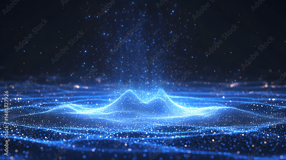 Poster futuristic abstract landscape with shimmering blue particles forming undulating waves. dynamic virtu