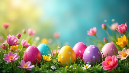 Colorful Easter eggs nestled amongst blooming spring flowers in a vibrant garden setting , close-up, spring scene, photograph