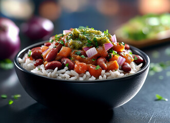 Indian Meal with Red Beans, Rice, Chutney, and Onion