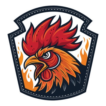 Design a biker patch featuring a flaming rooster head, intensely detailed, within a classic biker patch frame.  The rooster must be vibrant and aggressive.