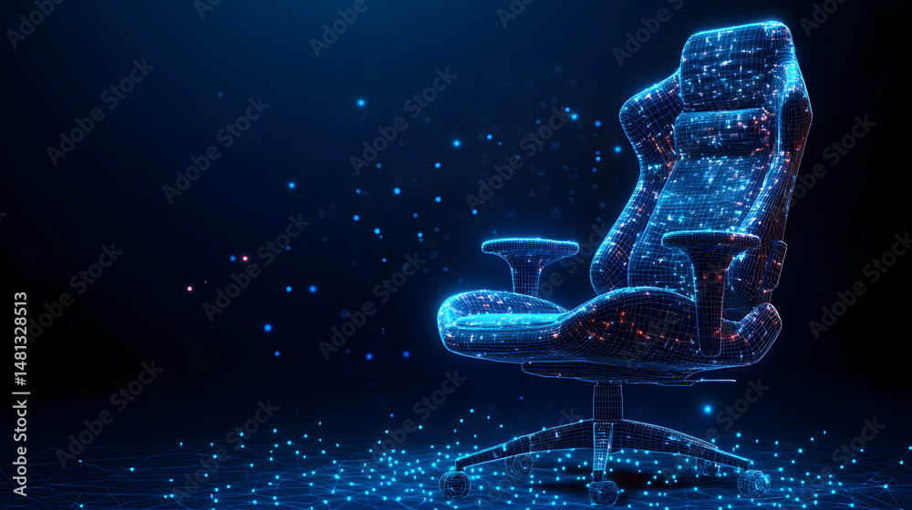 Poster futuristic gaming chair with glowing blue accents. wireframe design creates a high-tech look, ideal 