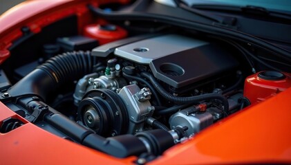 Close-up of intricate gear mechanism within a vibrant sports car engine bay , car part, machine