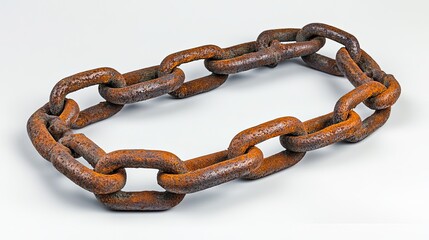 Close up shot of a rusty metal chain arranged in a circular shape on a white background surface