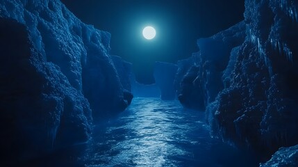 Explore the icy landscape: a winter wonderland of glaciers, icebergs, and frozen rivers at night time