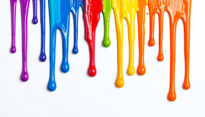 Naklejka premium Colorful paint drips in a vibrant spectrum, creating a lively and artistic display against a white background