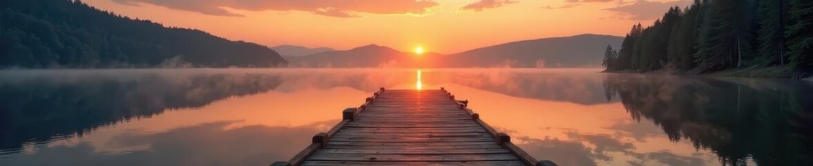 Fototapeta premium Enchanted sunrise bathes the lake in soft, warm light; weathered wooden jetty stretches towards the glowing horizon , ethereal, picturesque