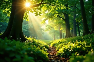 Obraz premium Golden sunlight streams through lush green canopy, dappling forest floor, leaves, trees