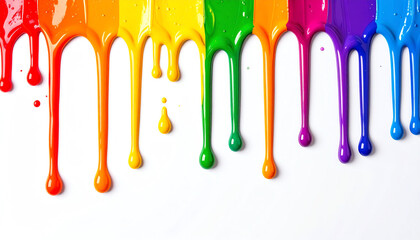 Vibrant paint drips in rainbow colors create a striking visual on a white background, showcasing creativity and artistic expression
