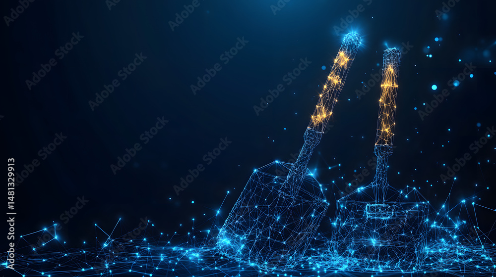 Poster Futuristic shovels symbolize innovation and digital construction. Networked design evokes data connections, perfect for tech and engineering visuals. Abstract wireframe in dark blue.