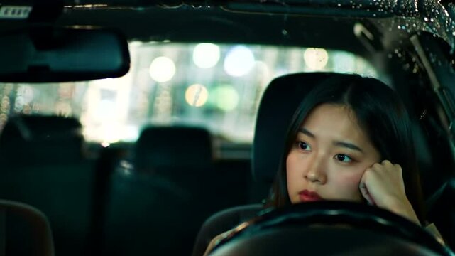 A young woman smiles while driving her car on a tripA young woman smiles while driving her car on a trip