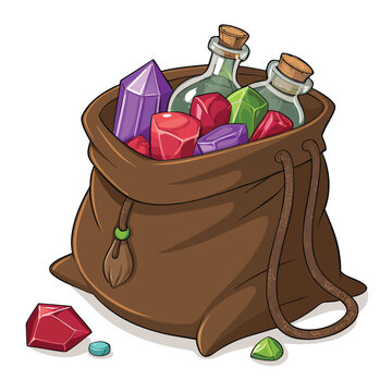 A richly detailed illustration of an overflowing game inventory bag bursting with various colorful potions and scrolls, spilling onto a worn wooden surface.