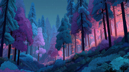 Surreal Enchanted Forest: Mystical Purple and Blue Woodland Landscape at Dusk with Vibrantly Illuminated Foliage