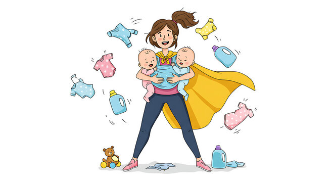 Superhero Mom Juggling Laundry and Babies with a Yellow Cape Cartoon Illustration
